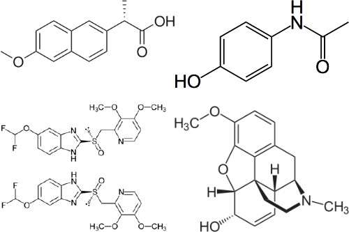 My drugs. Clockwise from top left: naproxen, acetaminophen, codeine, pantoprazole